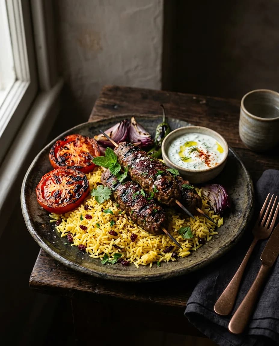 Kefta kebab plate with saffron rice and grilled tomato