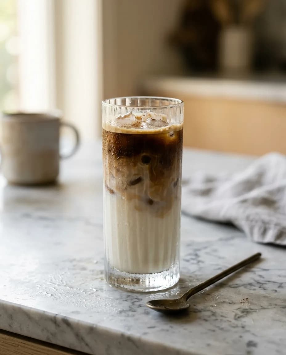 Iced latte in a tall glass on a marble counter