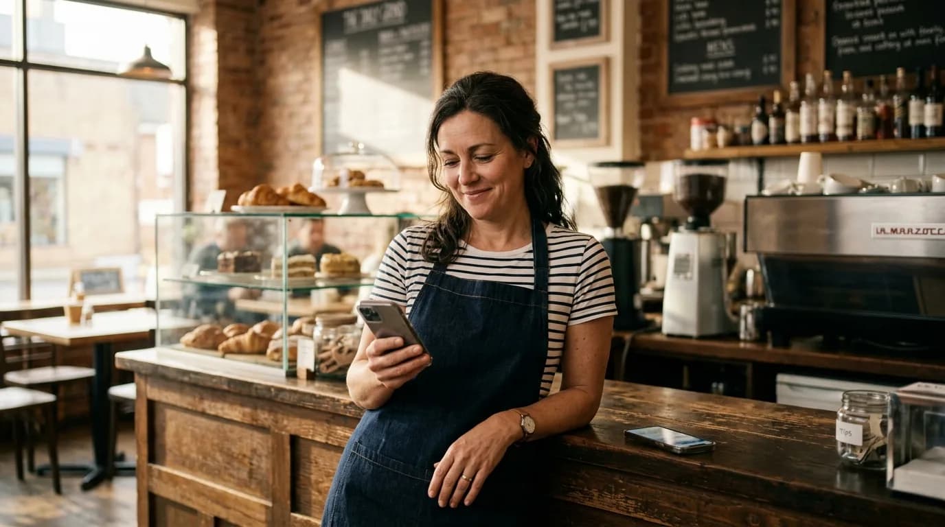 A restaurant owner checking her phone at the counter after the lunch rush