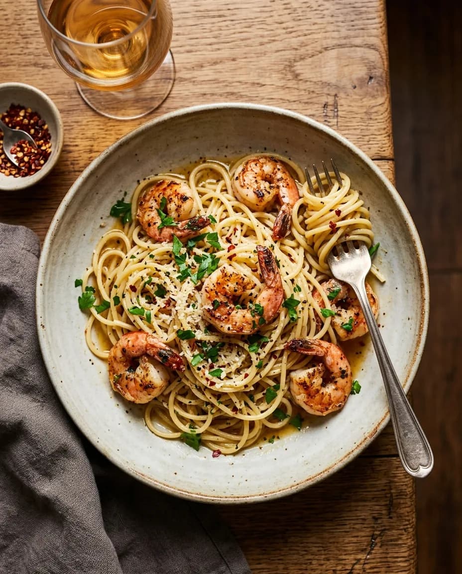 Shrimp pasta in a shallow bowl
