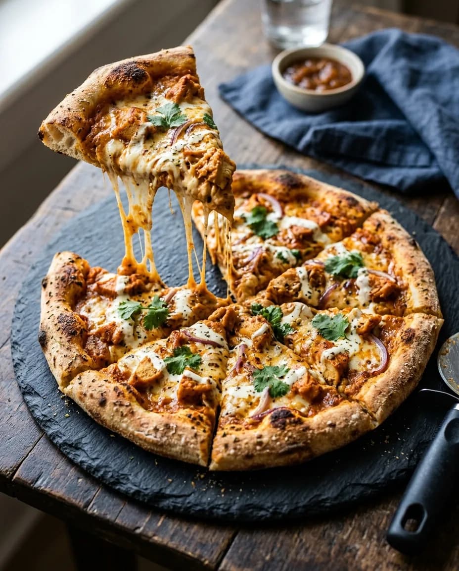 Butter chicken pizza with a slice lifted and cheese pulling