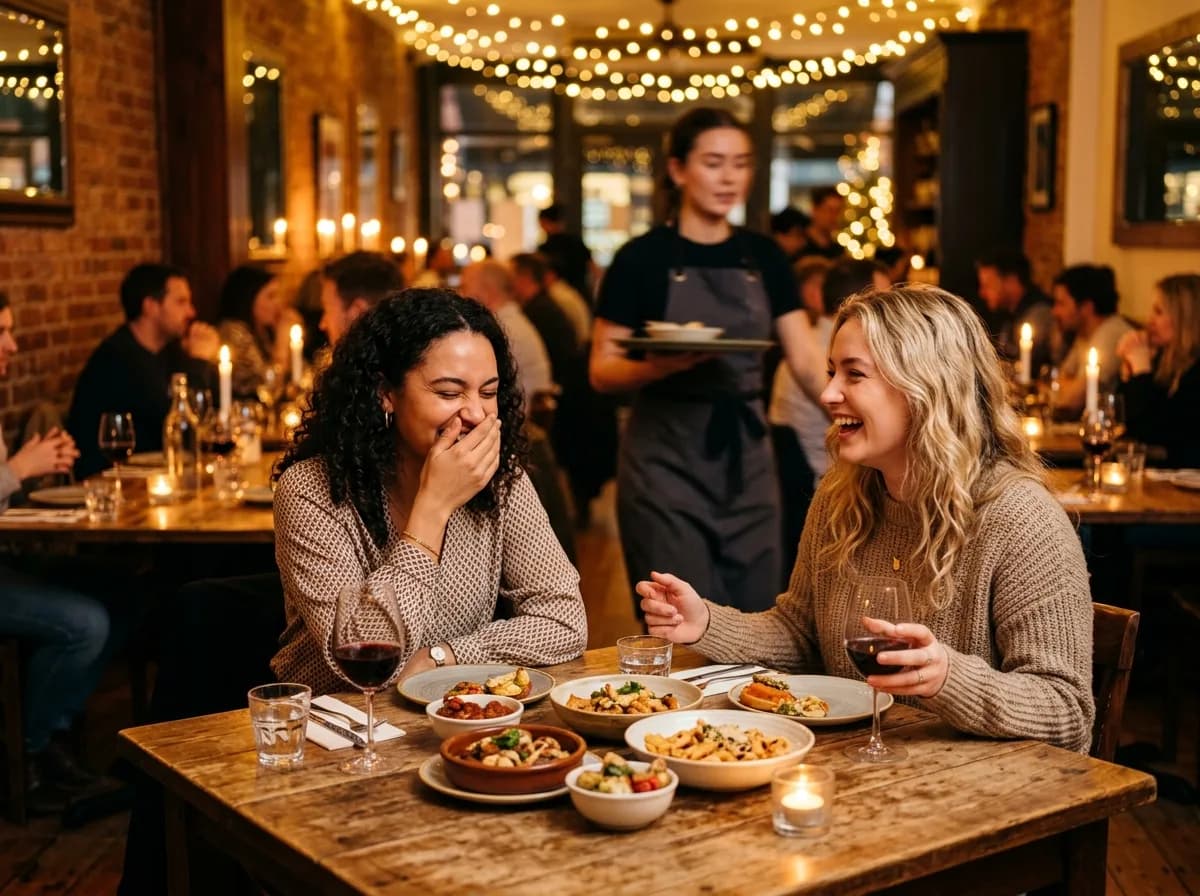 Two friends laughing over shared plates in a warm, busy restaurant